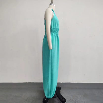 Smocked Waist Lantern Pants Women Rompers Summer Romper Halter Neck Sleeveless Jumpsuit With Lantern Leg For Casual Streetwear