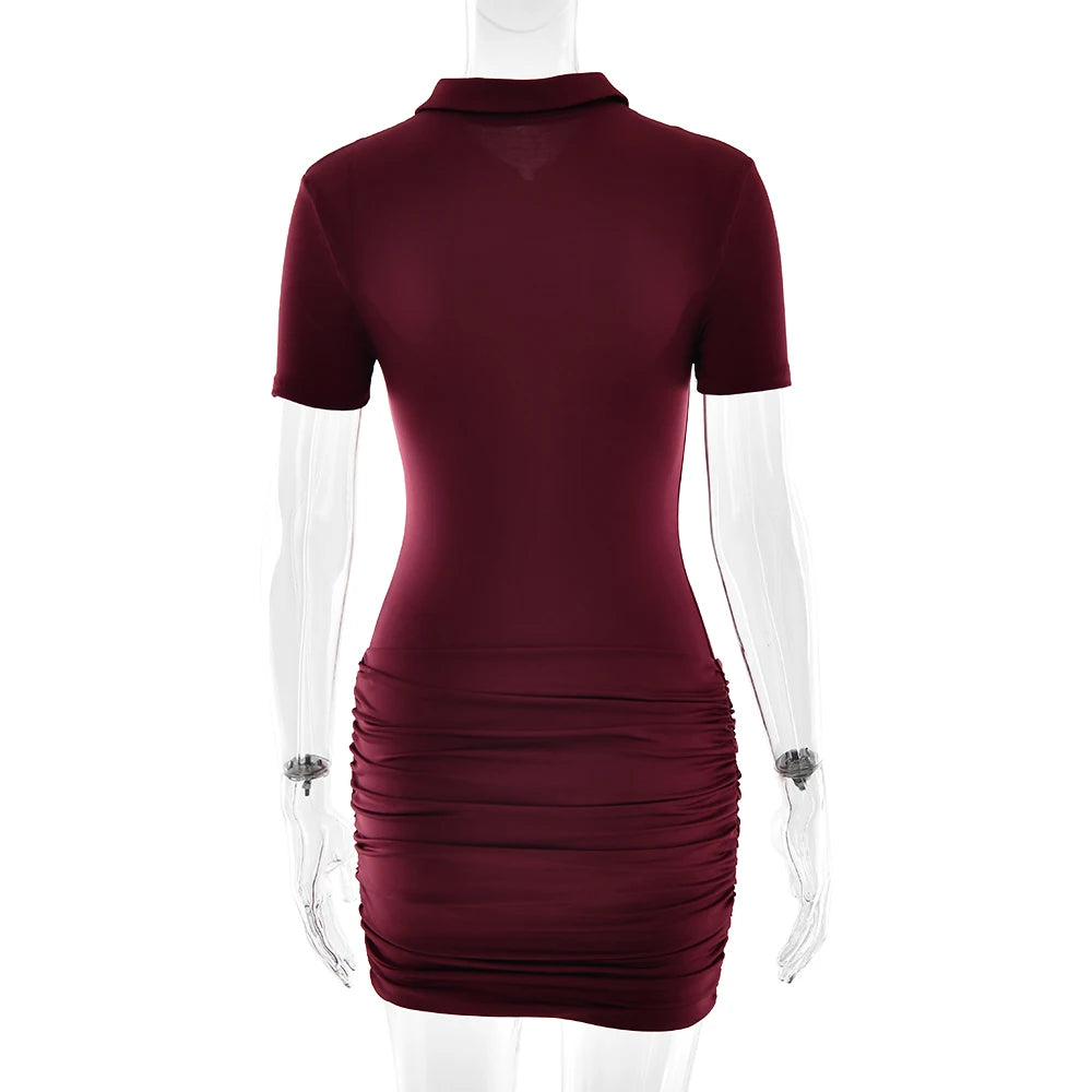 Sibybo Polo Collar Zipper Women Jumpsuits Set Short Sleeve High Elastic Rompers Ruched Bodycon Skirt Spring Casual Matching Sets