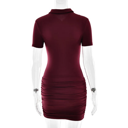 Sibybo Polo Collar Zipper Women Jumpsuits Set Short Sleeve High Elastic Rompers Ruched Bodycon Skirt Spring Casual Matching Sets
