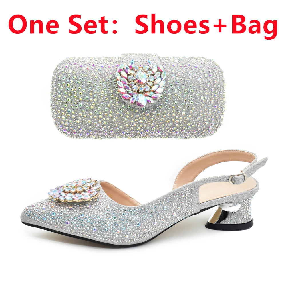 Latest Purple Italian Matching Shoes and Bag Sets Luxury Woman Pumps with Full Diamond Dual Purpose Mini Bag Wedding Shoes Bride