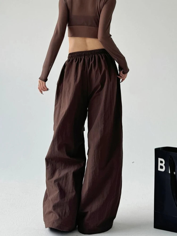 Women's Brown Parachute Pants 2026 Summer New Loose Straight Wide Leg Trousers Casual Quick Dry Cargo Pants Streetwear