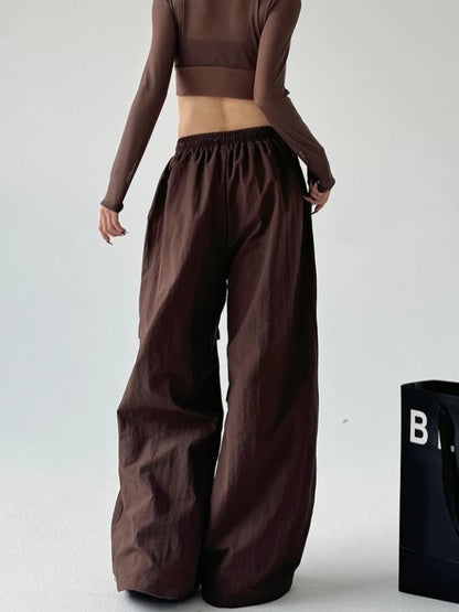 Women's Brown Parachute Pants 2026 Summer New Loose Straight Wide Leg Trousers Casual Quick Dry Cargo Pants Streetwear