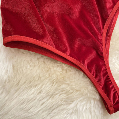 SINGREINY Christmas Cosplay Nightwear Playsuit Deep V Open Crotch Sheath Bodysuits Women Sexy Temptation Velvet Backless Rompers