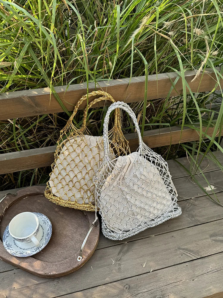 Hylhexyr Ins New Solid Color Gold and Silver Thread Handmade Weaving Bag Bucket Shaped Fashion Handbag Beach Bags