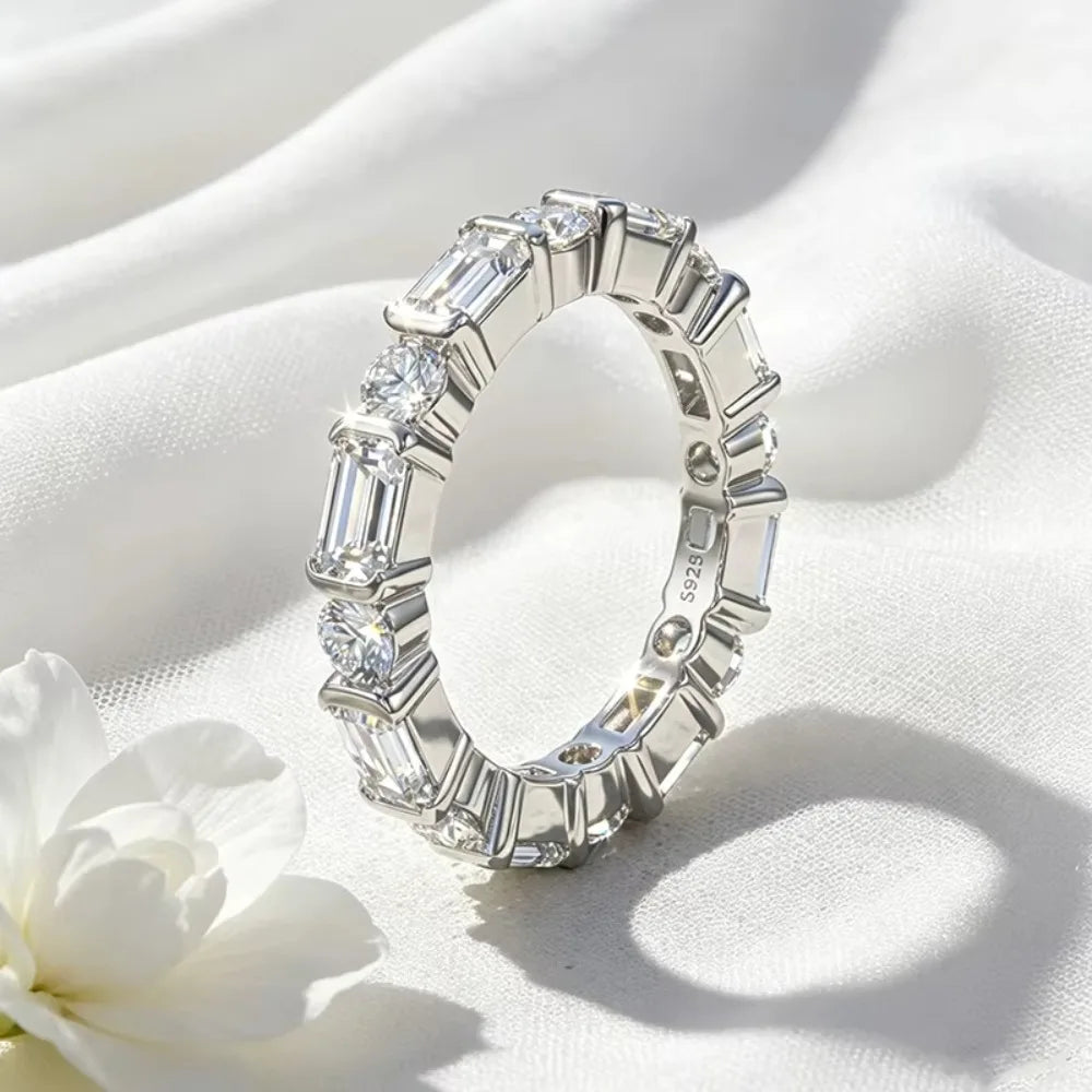 3mm Round Emerald Cut Moissanite Full Eternity Ring for Women S925 Silver Bezel Lab Diamond Promise Wedding Band Fine Jewelry