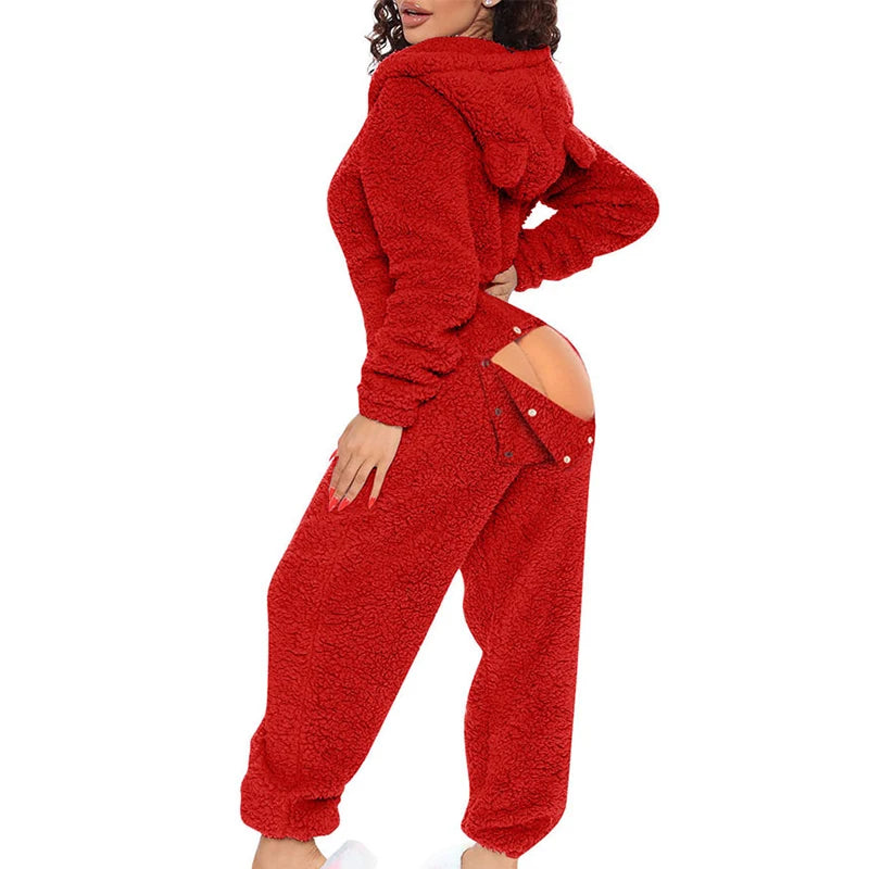Women Fluffy Hooded Jumpsuits Velvet Plush Casual Loose Hoodies Bodysuits Winter Warm Tracksuits Button Open Butt Rompers 2XL