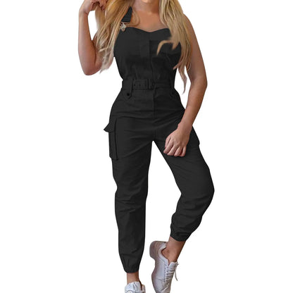 Women'S Large Size Cargo Romper Fashion Trend High Waist Clasp Pocket Jumpsuits Simple Solid Comfy Fitting Strap Jumpsuit 5xl