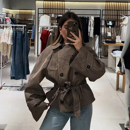 Long Sleeve Plaid Cropped Trench Coat Women Lapel Double Breasted Belted Waist Loose Checkered Short Jacket Lady Autumn Coats