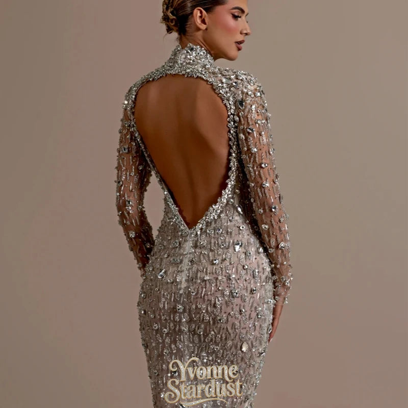 Yvonne Evening Dress Silver Charming See Through Corset Luxurious Crystals Elegant Prom Gown Backless Vestidos Fiesta Customized