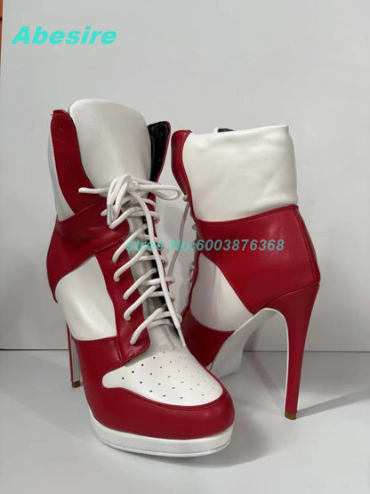 Mixed-Color Air Mesh Cross-Tied Ankle Boots Round Toe Thin Heels Platform Shoes for Women Casual Concise Daily Comfortable Shoes