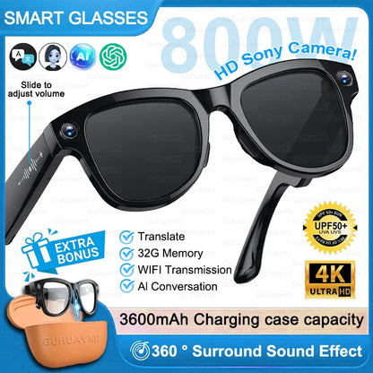 AI Smart Glasses 4KHD Camera 3600mAh Charging Case 120+Language Translation Bluetooth Call Music Sunglasses Outdoor Color Change