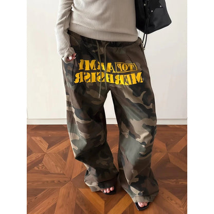 Women Brown Baggy Camouflage Pants Oversize Parachute Pants Harajuku Japanese 2000s Style Vintage Y2k Trousers Clothes Autumn