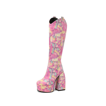 Super Waterproof Platform Strange Chunky Heel Graffiti Women's Boots Plush Inner Zipper Flock Material Knee Boots Plus Size