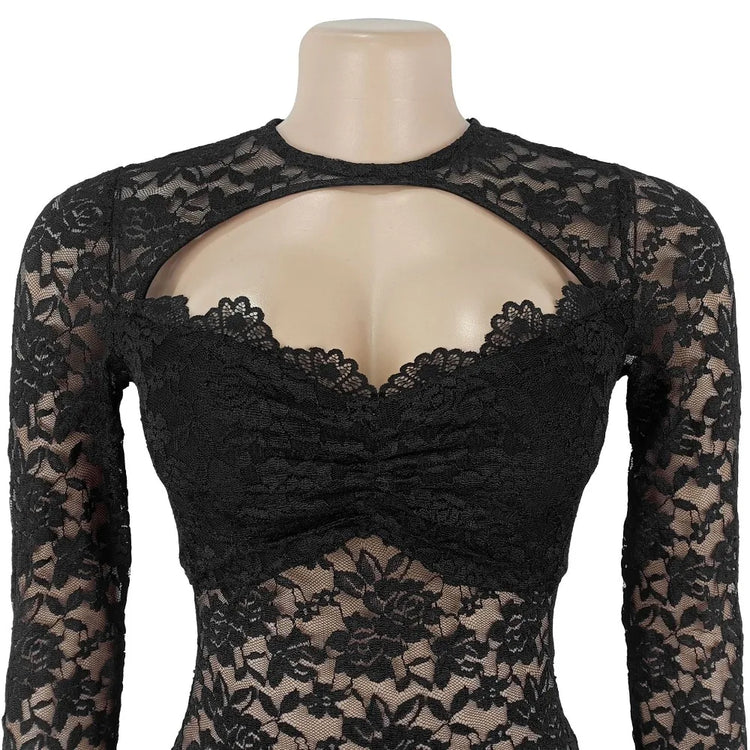 FLARORA Sexy Lace Hollow See Through Jumpsuits Woman O Neck Full Sleeve Peach Hip Slim Jumpsuit Midnight Party Clubwear Overalls