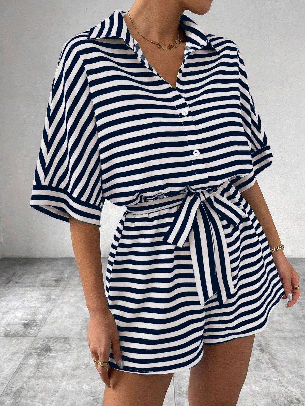 Women One Piece Short Sleeve Striped Overalls Shorts Pants Elastic Waist Turn Down Collar Rompers