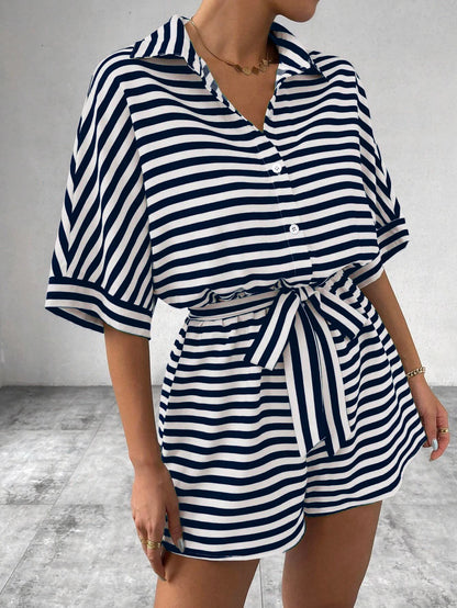 Women One Piece Short Sleeve Striped Overalls Shorts Pants Elastic Waist Turn Down Collar Rompers