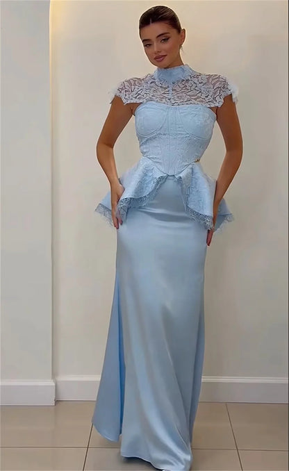 Sky Blue Lace Women Long Bespoke Occasion Gown Evening Dresses Prom Pastrol Unisex Jersey Retro Dubai Saudi Arabic Customized