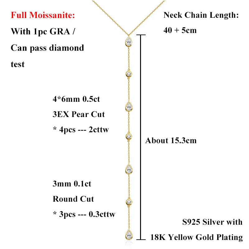EWYA Y-Style 1CT Princess Cut Certified Moissanite Pendant Necklace Women S925 Silver All Diamond Dainty Tassel Neck Chain Gift