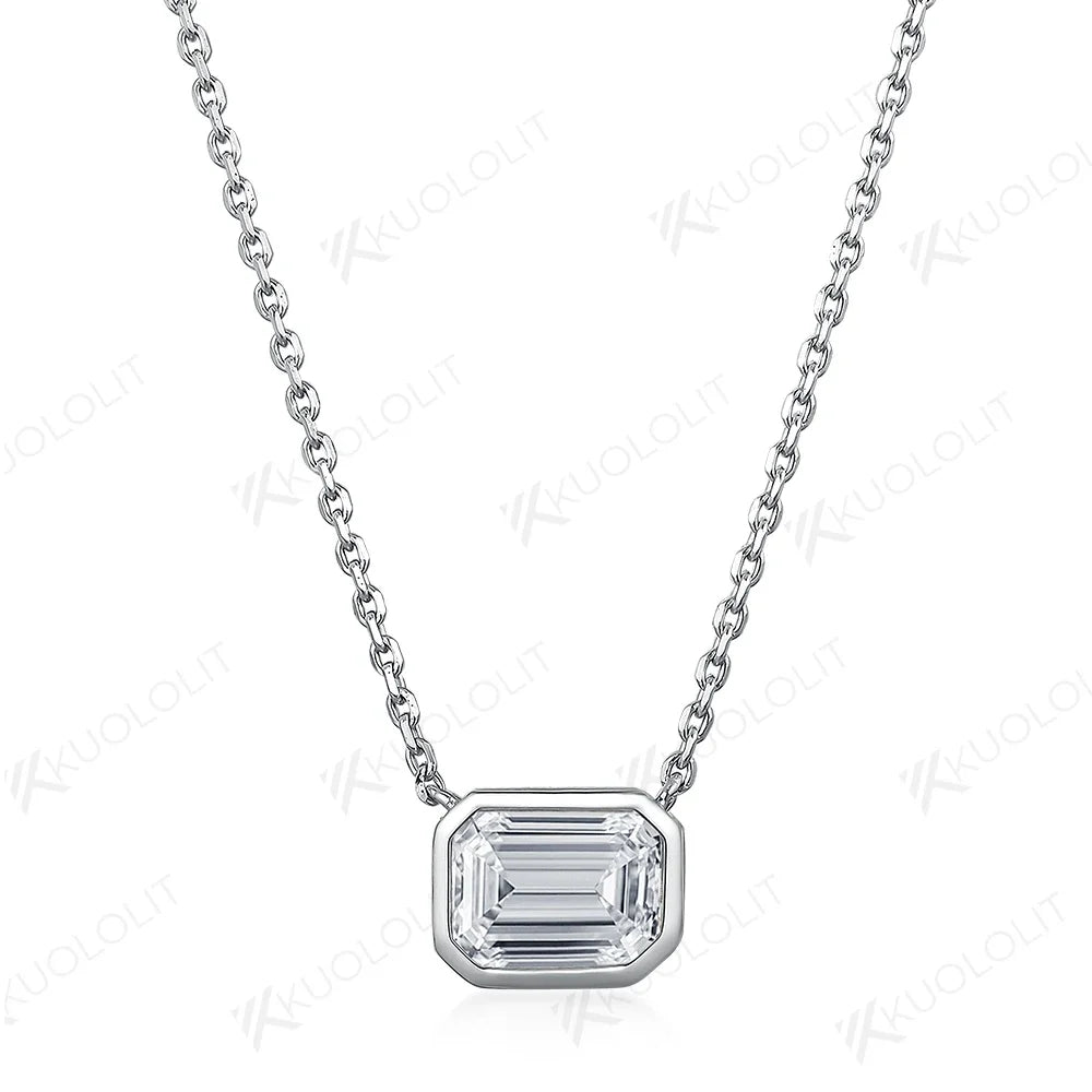Kuololit 2CT Emerald cut Moissanite Necklaces For Women Solid 925 Sterling Silver Bezel set Necklace for Engagement Bridal Gift