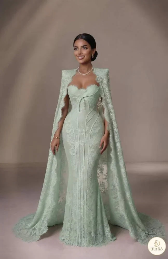 Customized Lace Mermaid Evening Dress with Cape Sweetheart Neckline Corset Formal Gown Dubai Wedding Guest Attire