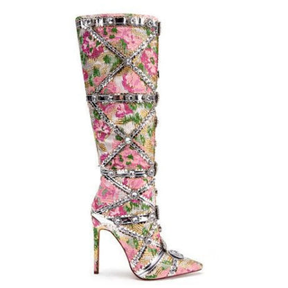 Multicolor Gemstone Gold Trim Stitched Stiletto Thigh Boots 2026 Pointed Toe Knee High Boots Fashion Shoes for Party Wedding