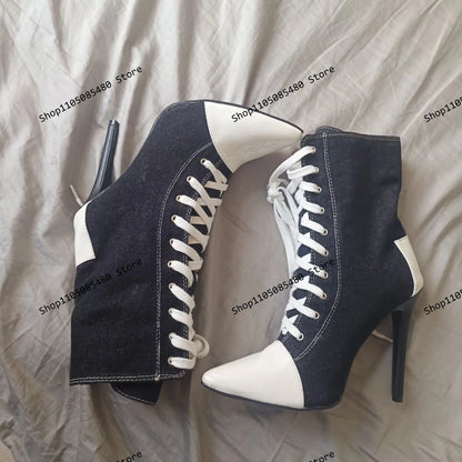 Pointed Toe Mid Calf Boots Women Sexy Patchwork Faux Jeans High Heels Shoes Ladies Lace Up Fashion Mixed Colors Biker Boots 44