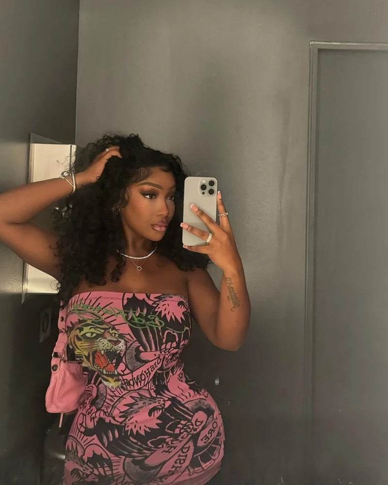 Stylish Lady Tiger Letter Printed Dress 2025 Summer Women Strapless Bodycon Hot Girl Sexy Club Party Street Mini Vestidos Festa