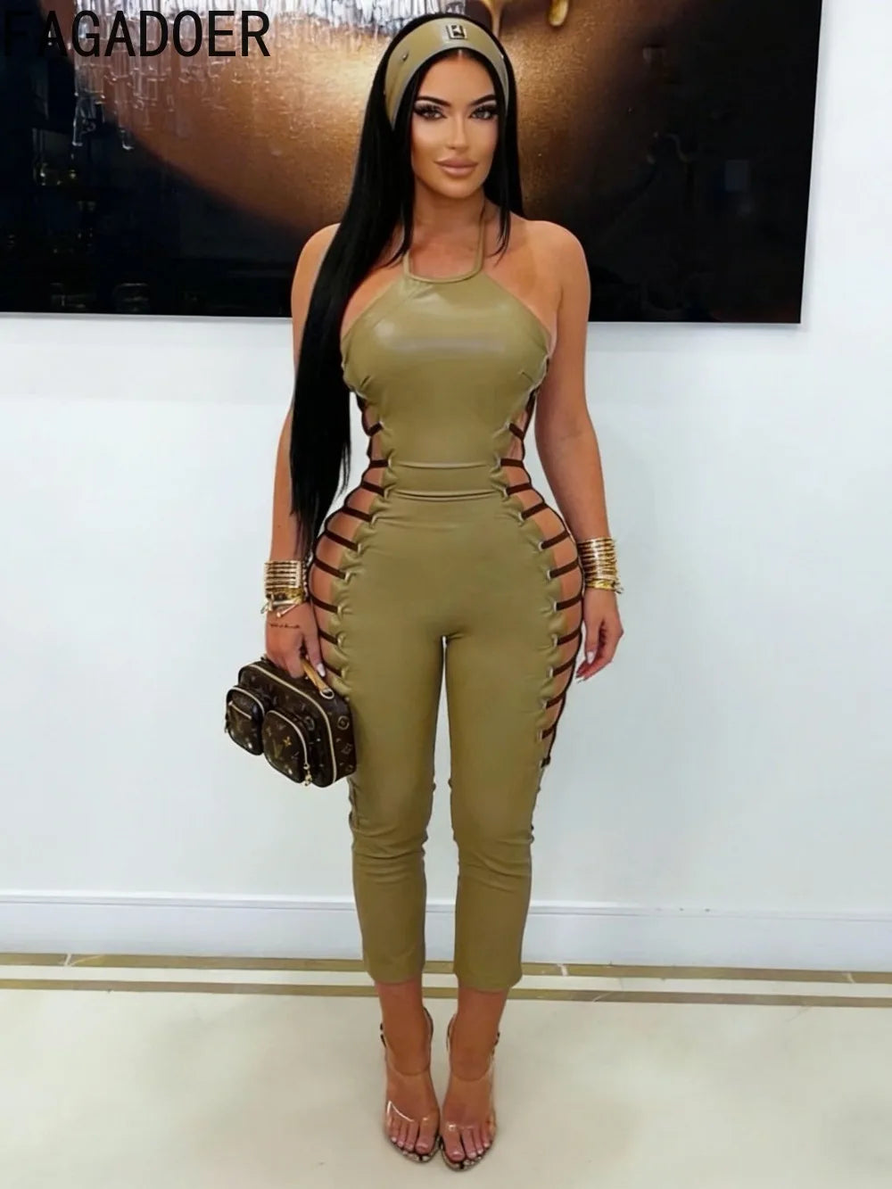 FAGADOER Sexy Hollow-out Patchwork Bodycon Jumpsuit Women Halter Sleeveless Backless Rompers Female Party Clubwear Overalls New