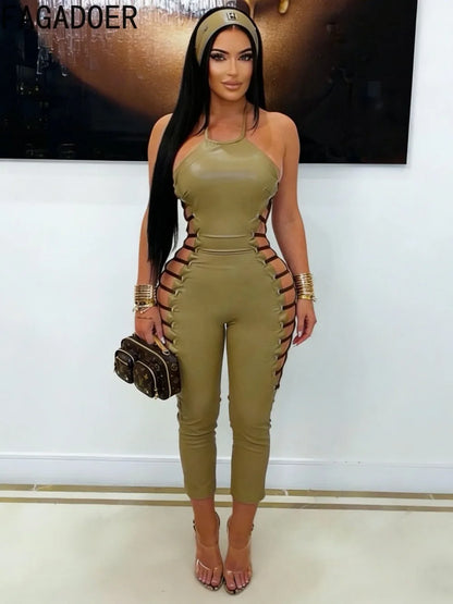 FAGADOER Sexy Hollow-out Patchwork Bodycon Jumpsuit Women Halter Sleeveless Backless Rompers Female Party Clubwear Overalls New