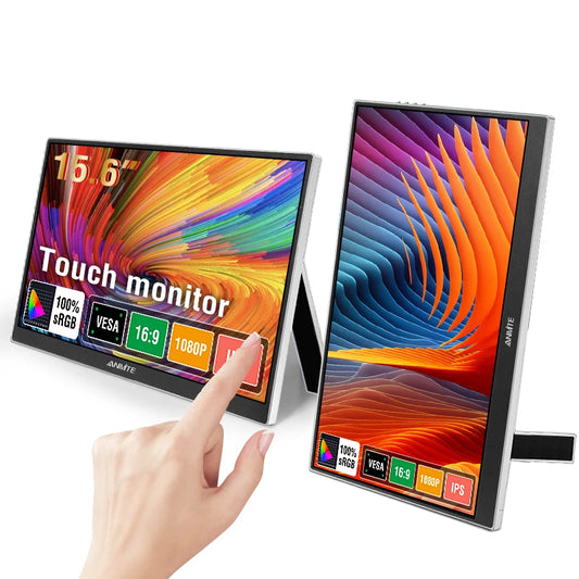 Anmite 15.6 Inch Touch Portable Monitor Optional Non-Touch 1080P 1920*1080 HDR IPS Extended Screen, Type-C One Cable HDMI External Display Ultra Thin Lightweight Travel Secondary Screen For Office Laptop PC Phone MacBook