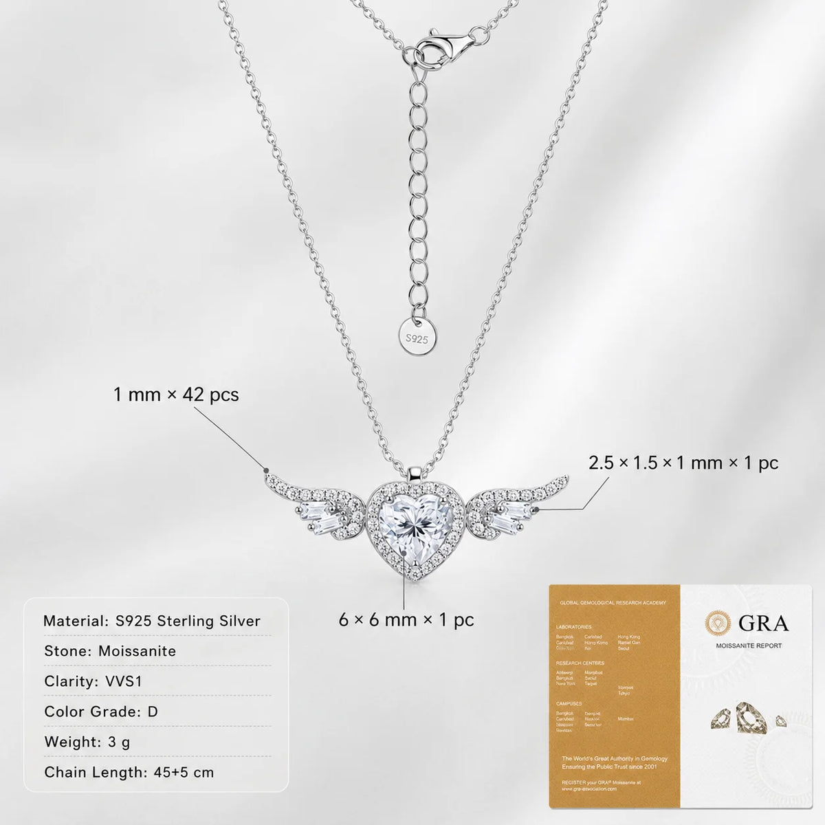 Angel Wings Heart Moissanite Pendant Necklace Baguette Cut S925 Sterling Silver D Color VVS1 GRA Certified Gift for Women
