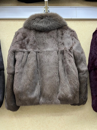 Fashion 100% Real Rabbit Fur Coat With Luxury Natural Fox Fur Collar Jacket Genuine Full Pelt Whole Rabbit Fur Overcoat