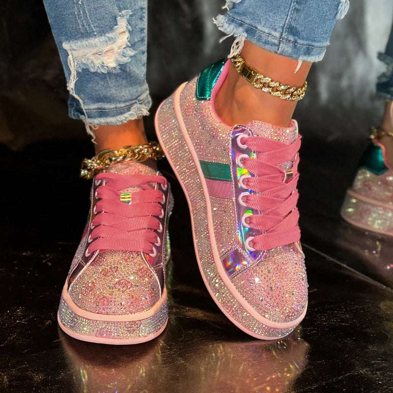 Women's Designer Shoes Women's Luxury Platform Sneakers Crystal Water Diamond Fashion Lace Up Casual Shoes Zapatillas De Deporte