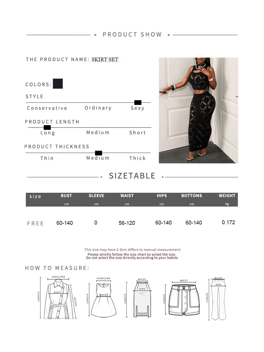 FHSEER Plus Size 2PCS Women's Sexy Set See Through Mesh Hollow Out Crop Tank & High Waist Bodycon Mini Skirt Stretechy Clubwear