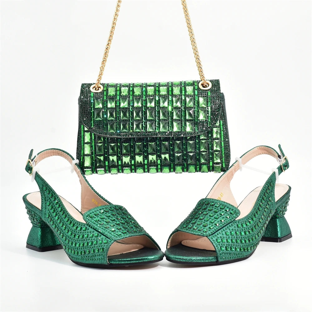 New Arrival African Style Ladies Shoes and Bags Set Latest Italian Women Shoes and Bag Set with Rhinestone Heels Women Luxury