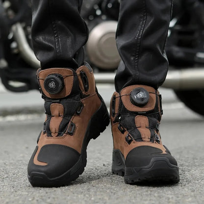 Men Motorcycle Riding Boots Waterproof Cowhide Leather Breathable Anti-Slip Wear-Resistant Street Moto Shoes