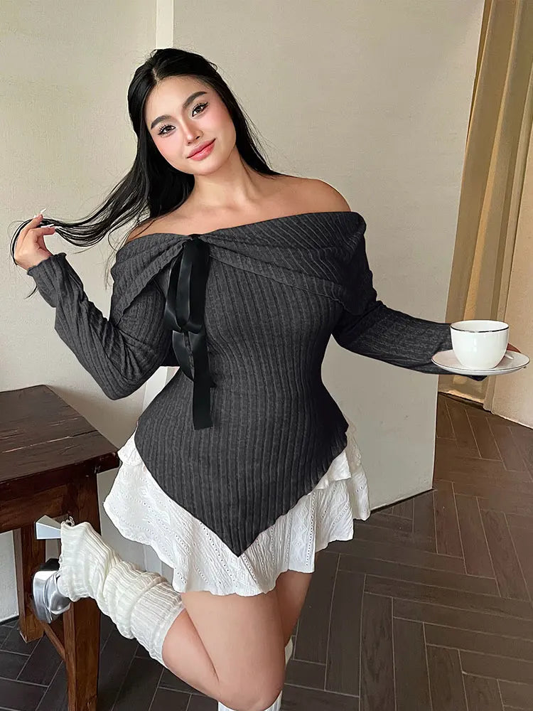 New Sexy Off-The-Shoulder Front Tie-Up Sweater Plus Size One-Shoulder Slim Fit Top Fashion AllMatch Autumn Women's Clothing Sale