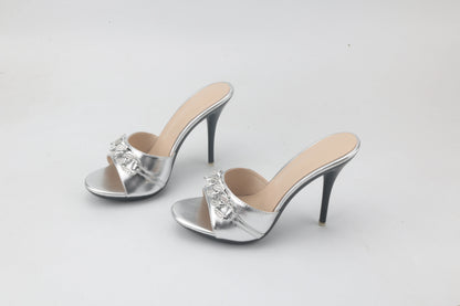 Female Summer High Heels Sexy Open Toes Slippers Luxury Rhinestone Party Dress Shoes Black Slides Sandals Women Mules Plus Size