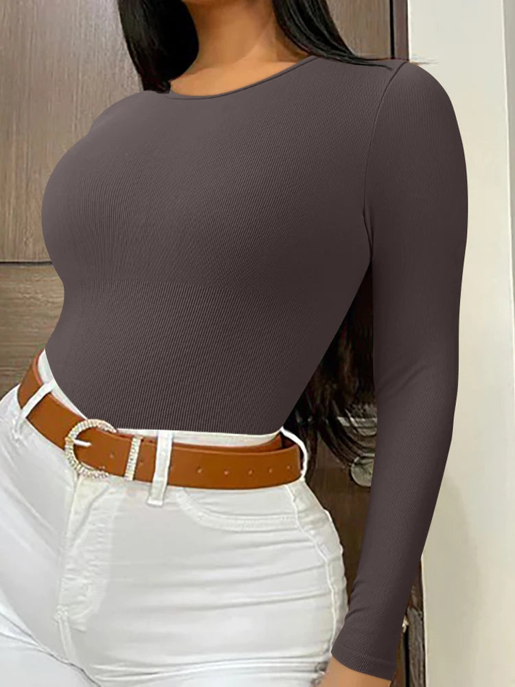 Long Sleeve Yoga Sports Bodysuits 2025 Autumn Solid Color Circular Collar Elastic Romper Sexy Women Jumpsuits