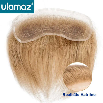 Full Lace V Style Shape Men's Front Hairline Natural Hairpiece Male Forehead Hairline Lace Pu Frontal Hair Patch For Men Blonde