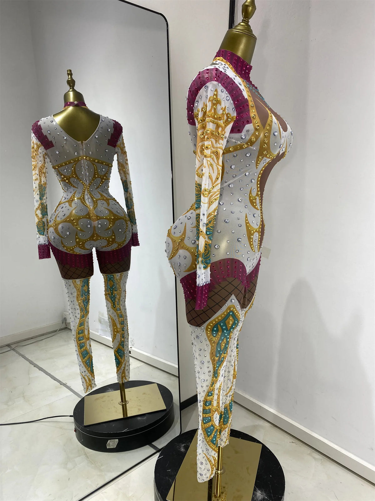 Performance Costumes Kpop Outfits Shiny Rhinestones Printed Bodycon Jumpsuits Woman Evening Club Party See Through Dress Outfits