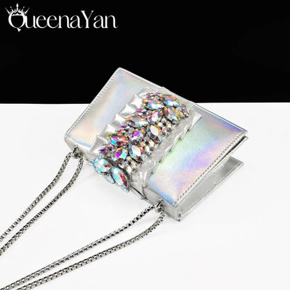 Queena Yan New Arrival Mature Elegant Silver Color Rhinestore Design Party Wedding Lady Shoes and Bag Set for Platform Design