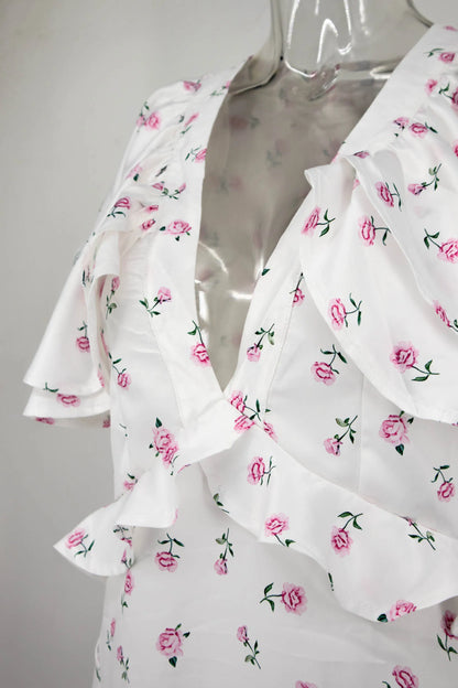 2026 Spring Women's Summer New Ruffled Floral Short Skirt V-neck Pleated Dress Shorts