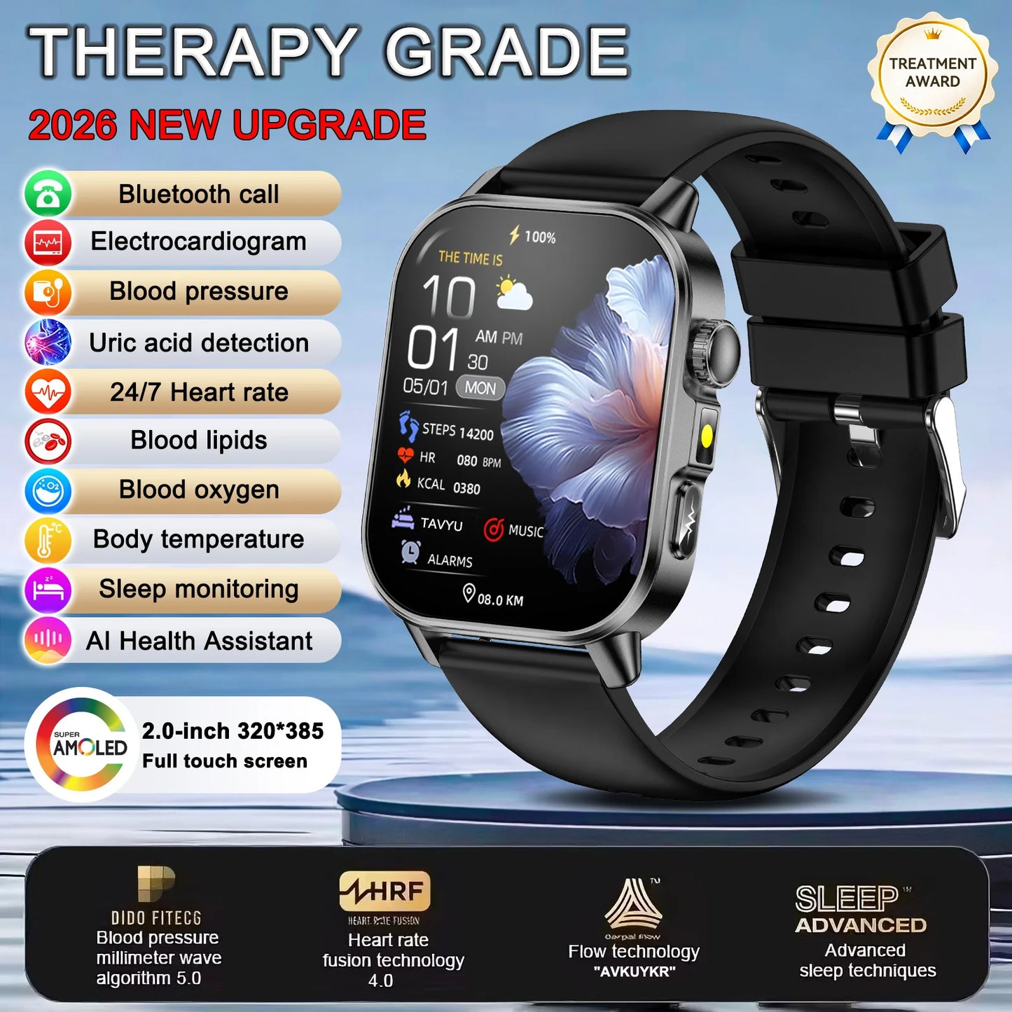 2026 New Body Analysis Health Smart Watch ECG+PPG Uric Acid Blood Pressure Blood Oxygen Clock Call AMOLED Smart Watch Men Women