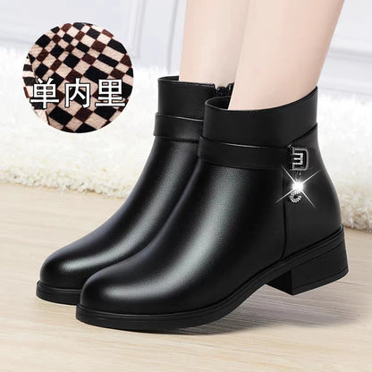 High-Heeled Leather Shoes Spring Single Shoes Thick Heel Thick Sole Slip-On Women's Shoes Square Toe Middle-Aged Mother's Shoes