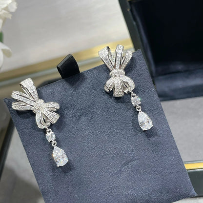 Fashion luxury jewelry S 925 sterling silver bow full diamond women's earrings. Valentine's Day gift