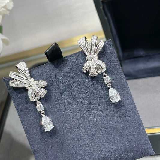 Fashion luxury jewelry S 925 sterling silver bow full diamond women's earrings. Valentine's Day gift