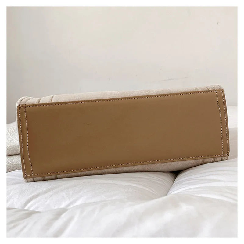 Women's Khaki Velour Tote Bag Original Letter Print Medium Ladies Shopper Handbag Female Square Medium Shoulder Bags