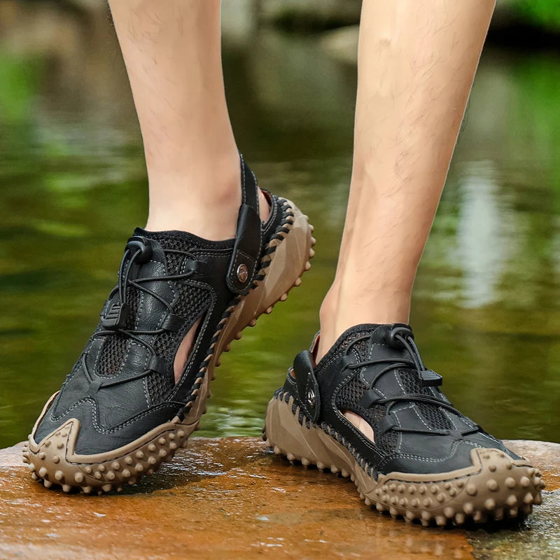Mens Sandals Summer Outdoor Casual Mesh Hollow Walk Fishing Wading Shoes Lightweight Non Slip Hand Sewn Beach Slippers Man