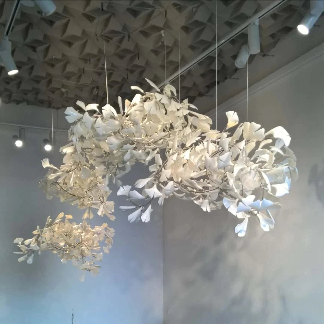 Ginkgo Leaves Loft Hanging Chandelier Light For High Ceiling Staircase Living Dining Room Modern White Porcelain Leaf Chandelier
